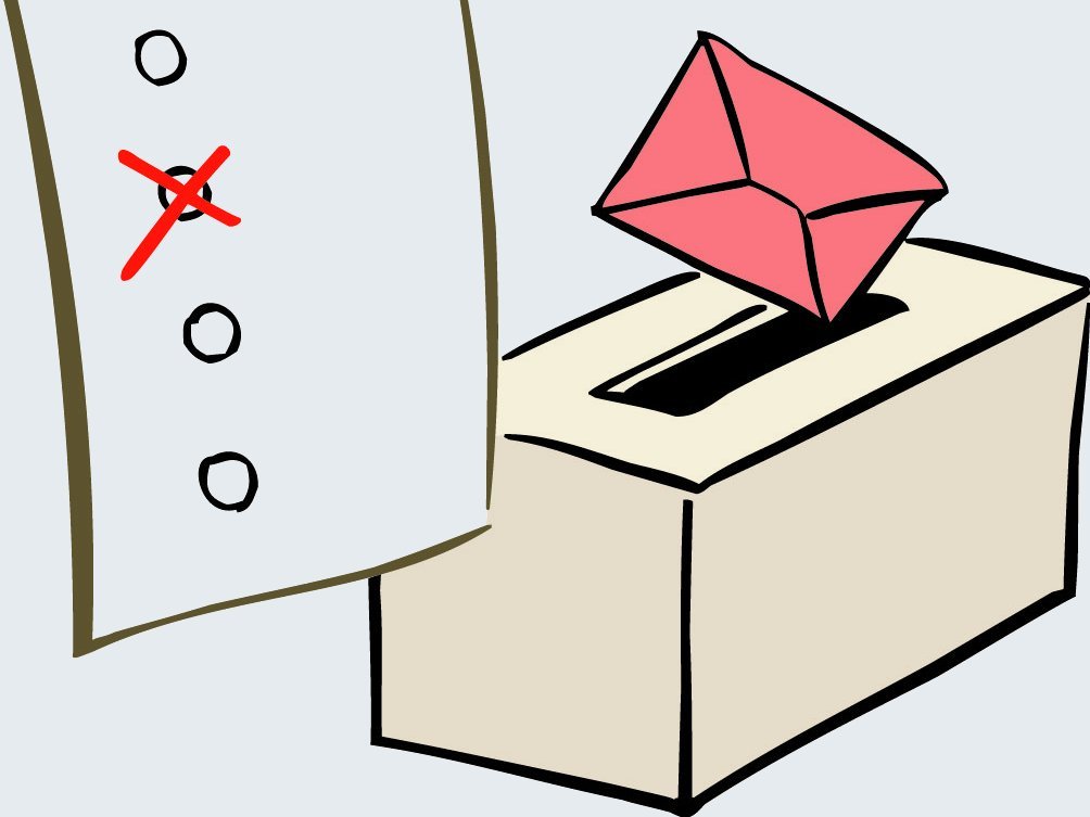 Wählen gehen ist ein Recht. Man kreuzt an und wirft seinen Stimm-Zettel in einen Kasten.