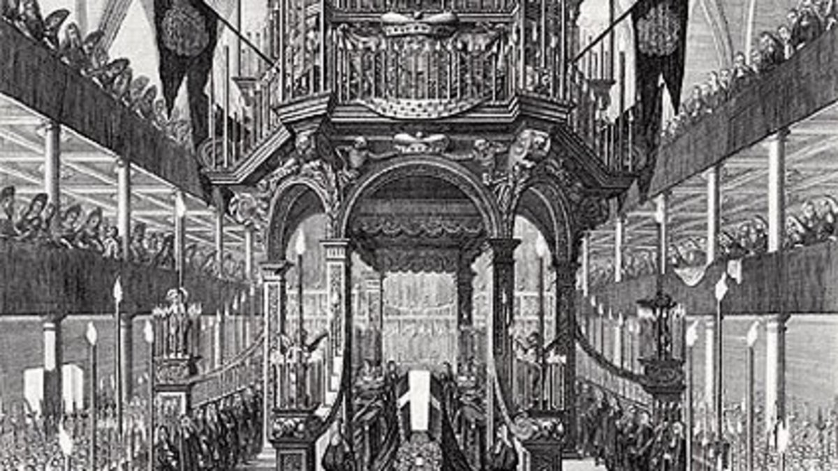 Klick auf das Bild öffnet eine vergrößerte Ansicht in einem Overlay. Zum Schließen des Overlays die ESC-Taste drücken. Begräbnisfeier für Kurfürst Ernst-August, Ehemann der Kurfürstin Sophie, 1698 in der Schlosskirche