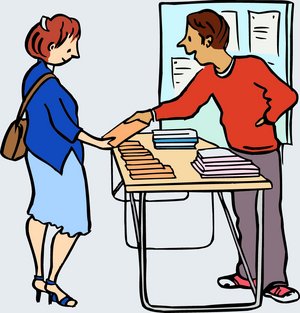 Zeichnung von zwei Menschen an einem Infotisch