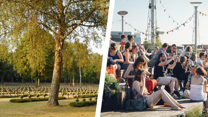 Collage: links ein Friedhof mit Kriegsgräbern, rechts junge Menschen bei einer Versammlung