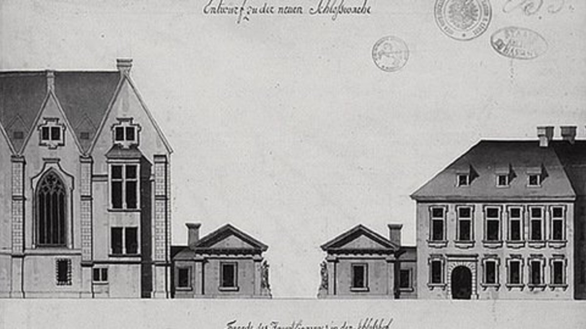Klick auf das Bild öffnet eine vergrößerte Ansicht in einem Overlay. Zum Schließen des Overlays die ESC-Taste drücken. Entwurf für den Schlosseingang und die Schlosswache, 1802