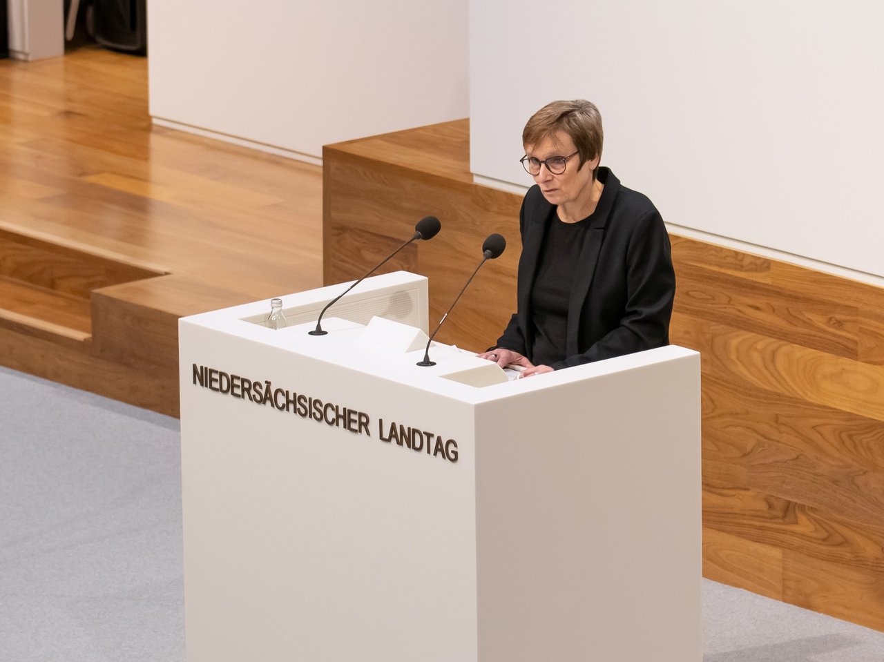 Bild: © Niedersächsischer Landtag Dr. Elke Gryglewski, Leiterin der Stiftung niedersächsische Gedenkstätten, hält eine Rede vor den versammelten Abgeordneten.