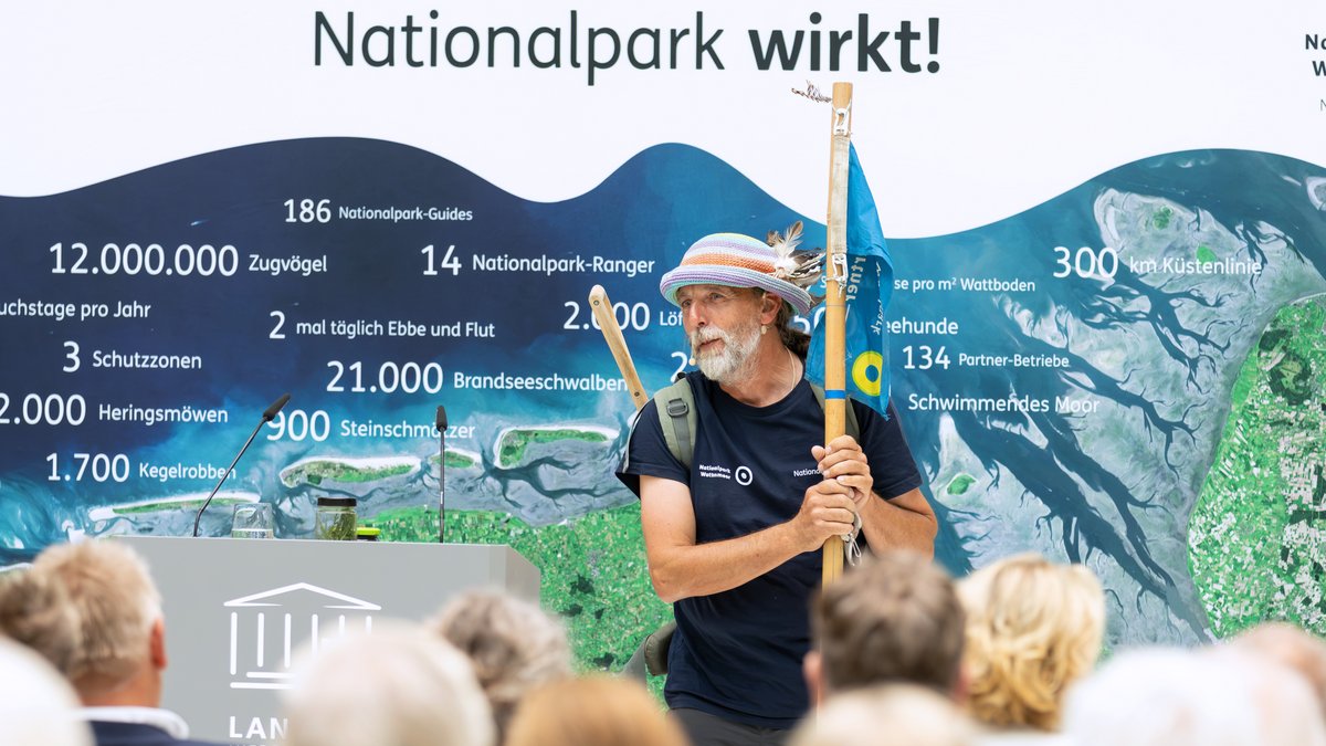 Nationalpark-Führer Joke Pouliart hält eine Fahne des Nationalparks Wattenmeer hoch und steht vor dem Publikum, um es durch eine etwas andere Wattwanderung zu führen. Auf dem Bild der Text: „Ausstellungseröffnung – Nationalpark wirkt! 40 Jahre Nationalpark Niedersächsisches Wattenmeer“