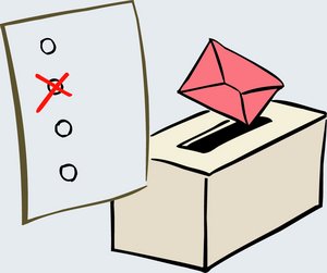 Zeichnung eines Stimmzettels und einer Wahlurne