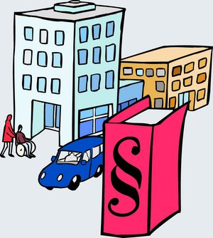 Bild: © Reinhild Kassing Zeichnung von Häusern, Autos, Menschen und einem Gesetzbuch