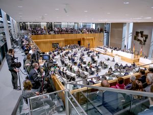 In public view: the media follow the plenary session from the press gallery.