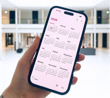 Smartphone mit Kalenderansicht, das von einer weiblichen Hand gehalten wird.
