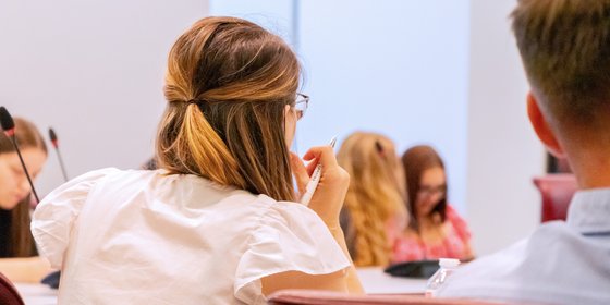 Eine junge Frau mit einem Stift in der Hand, an einem Tisch sitzend, von hinten, im Hintergrund weitere Personen.