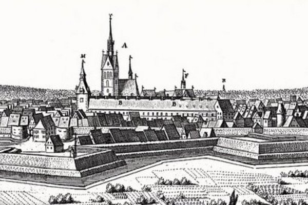 Klick auf das Bild öffnet eine vergrößerte Ansicht in einem Overlay. Zum Schließen des Overlays die ESC-Taste drücken. Das Leineschloss 1637 bis 1666, Ausschnitt aus Merians Topographie BS-Lüne. 1654 Konrad Bruno'}