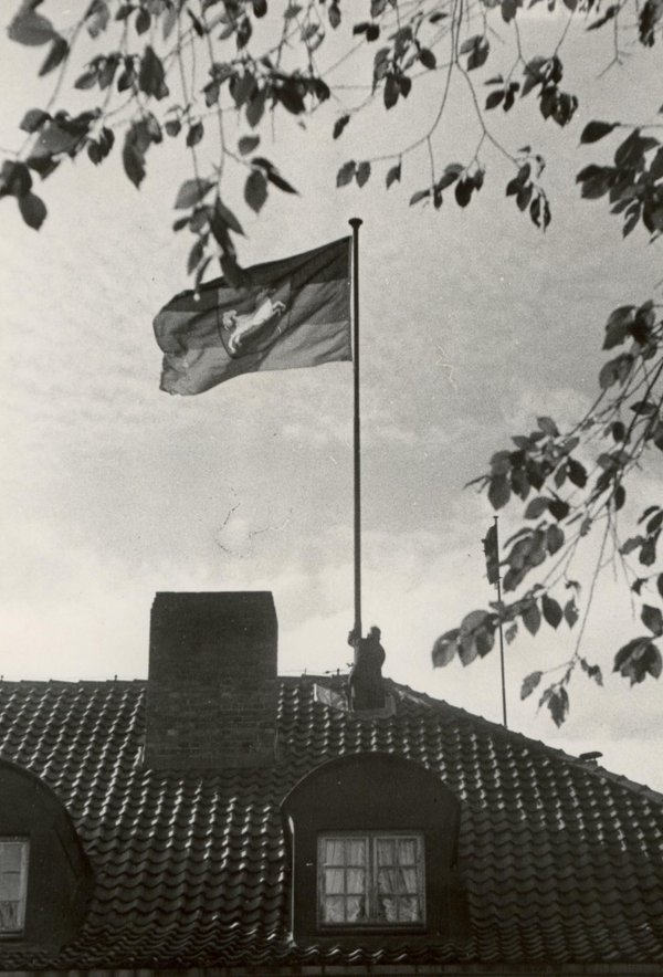 Bild: © Archiv des Niedersächsischen Landtages/Fotograf: H. Friedrich Hissen der Niedersächsischen Landesflagge nach der Verabschiedung des Gesetzes über Wappen, Flaggen und Siegel am 8. Oktober 1952.