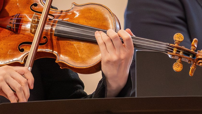 Eine Hand, die Geige spielt und die Logos "Landtag Niedersachsen" und "Villa Seligmann"