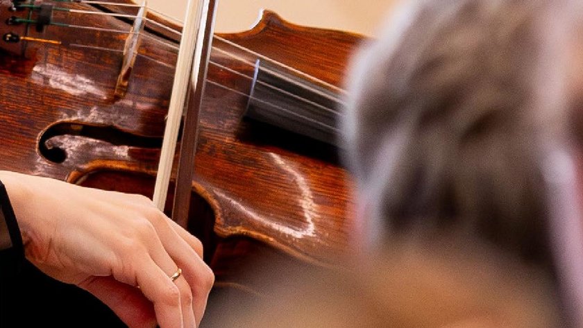 Eine Hand, die Geige spielt und die Logos "Landtag Niedersachsen" und "Villa Seligmann"