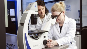 Zwei Frauen schauen in Mikroskop Klick öffnet die Seite: Ausschuss für Wissenschaft und Kultur