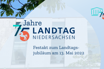Titelbild mit Text: 75 Jahre Niedersächsischer Landtag – Festakt am 13. Mai 2022