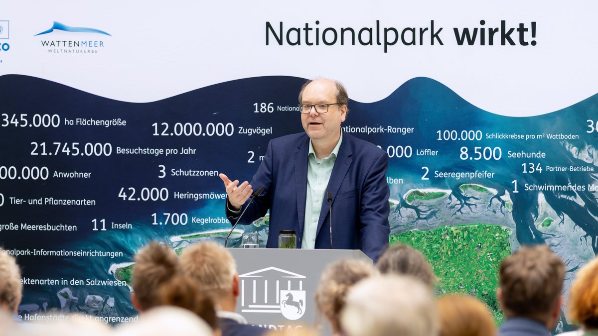 Der Niedersächsische Minister für Umwelt, Energie und Klimaschutz Christian Meyer spricht am Redepult zum Publikum.