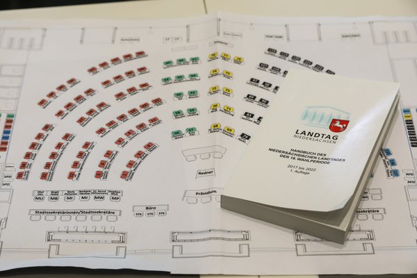 Bild: © Focke Strangmann Grafik des Sitzplans mit einem Handbuch des Landtages