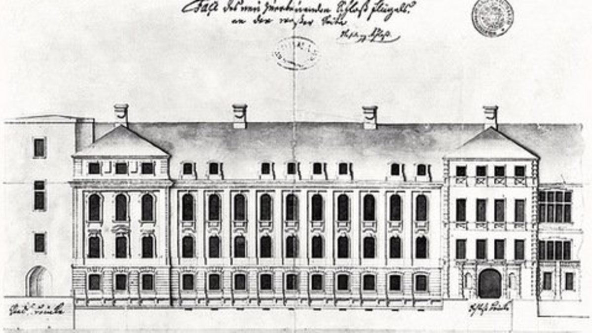 Klick auf das Bild öffnet eine vergrößerte Ansicht in einem Overlay. Zum Schließen des Overlays die ESC-Taste drücken. Aufriss für den Wiederaufbau des Kammerflügels, 1741