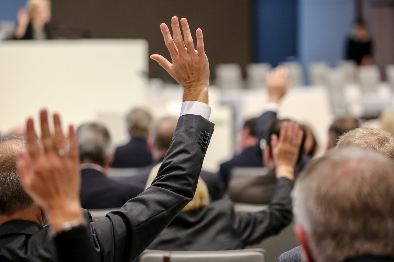Abgeordnete heben ihre Hände, um per Handzeichen im Plenum abzustimmen.