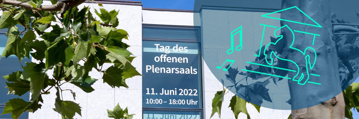 Bild: © Niedersächsischer Landtag Plenarsaal-Gebäude mit Beklebung an einem Fenster: Tag des offenen Plenarsaals, 11. Juni 2022, 10:00 bis 18:00 Uhr