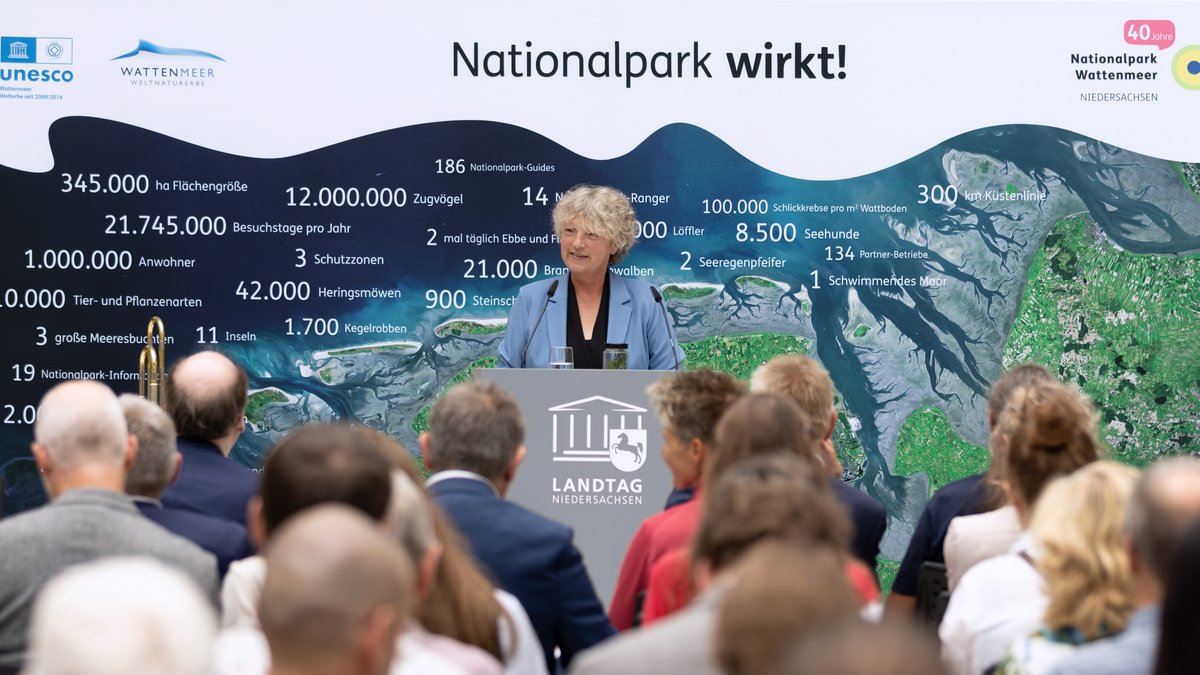 Landtagspräsidentin Hanna Naber begrüßt am Redepult die Gäste. Hinter ihr ist ein großer Aufsteller der Ausstellung aufgebaut, auf dem Luftaufnahmen vom Wattenmeer mit Zahlen und Fakten dazu zu sehen sind. Darüber steht auf dem Aufsteller „Nationalpark wirkt!“.