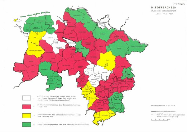 Bild: © Archiv des Niedersächsischen Landtages/Aktensignatur A1992/0300/2, Anlage zur Drucksache 7/1373 Karte mit den Gebieten in Niedersachsen aus dem Jahr 1972.