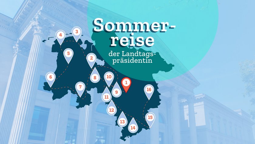 Stilisierte Karte des Landes Niedersachsen mit 16 Ortsmarkierungen auf der Fläche. Dazu der Text: Sommerreise der Landtagspräsidentin.