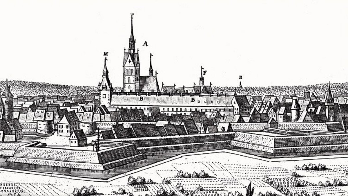 Klick auf das Bild öffnet eine vergrößerte Ansicht in einem Overlay. Zum Schließen des Overlays die ESC-Taste drücken. Das Leineschloss 1637 bis 1666, Ausschnitt aus Merians Topographie BS-Lüne, 1654 Konrad Bruno