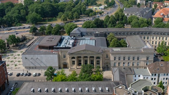 Das Landtagsgebäude aus der Vogelperspektive im Frühjahr 2018