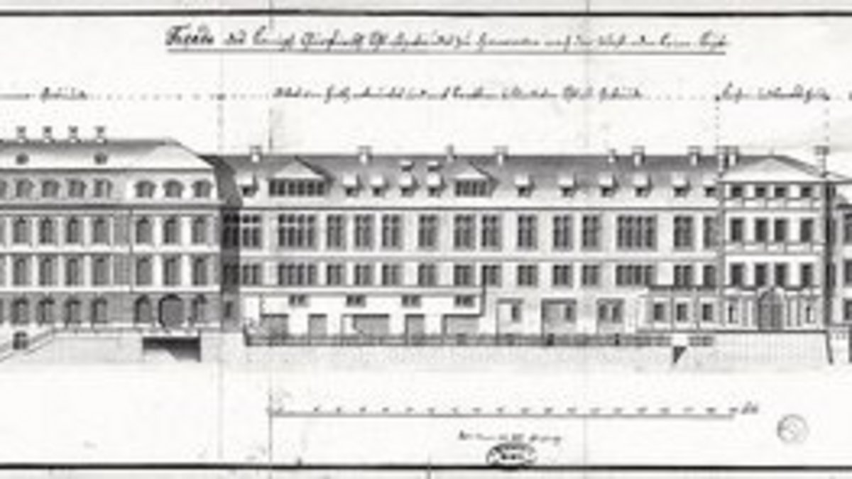 Klick auf das Bild öffnet eine vergrößerte Ansicht in einem Overlay. Zum Schließen des Overlays die ESC-Taste drücken. Grundriss des Leineschlossess nach der Leineseite, 1793