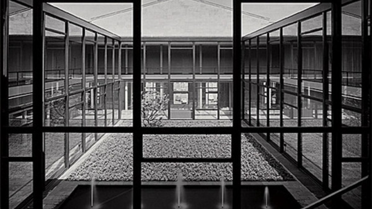 Staircase photo of atrium, 1962. 