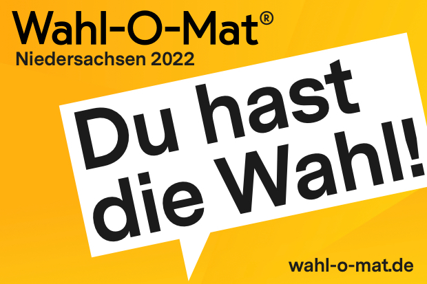 Wahl-O-Mat-Banner Landtagswahl 2022 mit dem Schriftzug "Du hast die Wahl!".