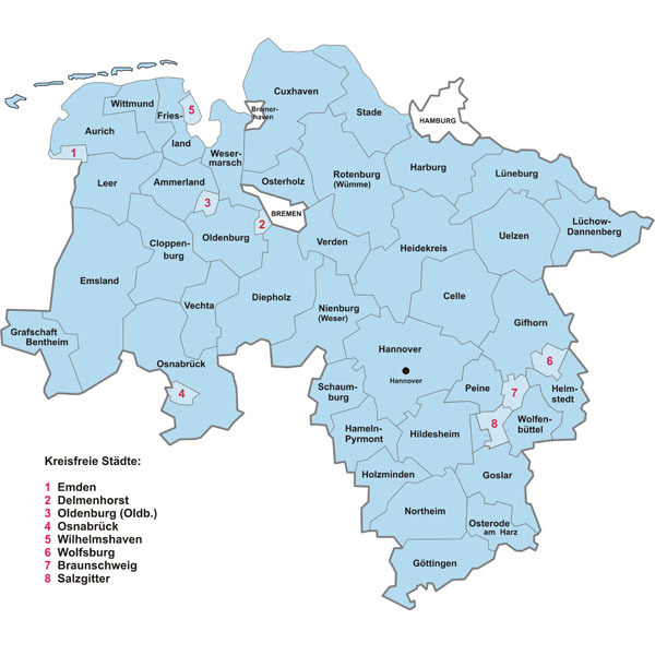 Karte mit Niedersachsens Landkreisen