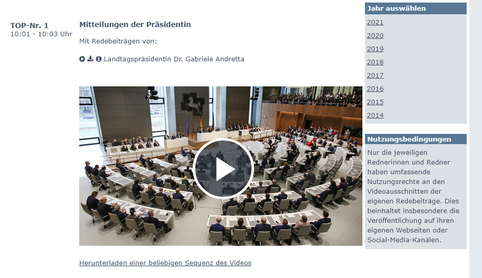 Bildschirmfoto der Plenar-TV-Seite