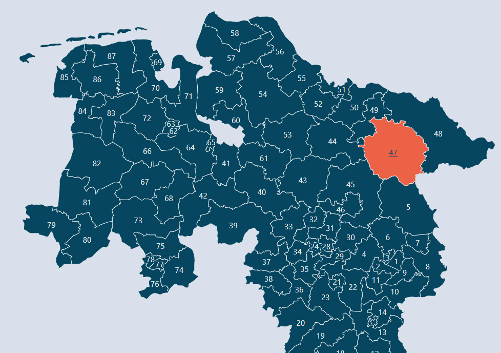 Bild: © Niedersächsischer Landtag Karte mit den Wahlkreisen in Niedersachsen.