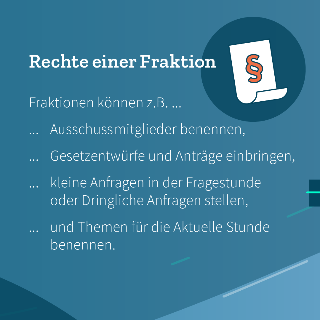 Infografik Teil 5 von 5: Fraktionen haben besondere Rechte. Sie können z.B. Ausschussmitglieder benennen, Gesetzentwürfe und Anträge einbringen, kleine Anfragen oder Dringliche Anfragen stellen und Themen für die Aktuelle Stunde benennen.