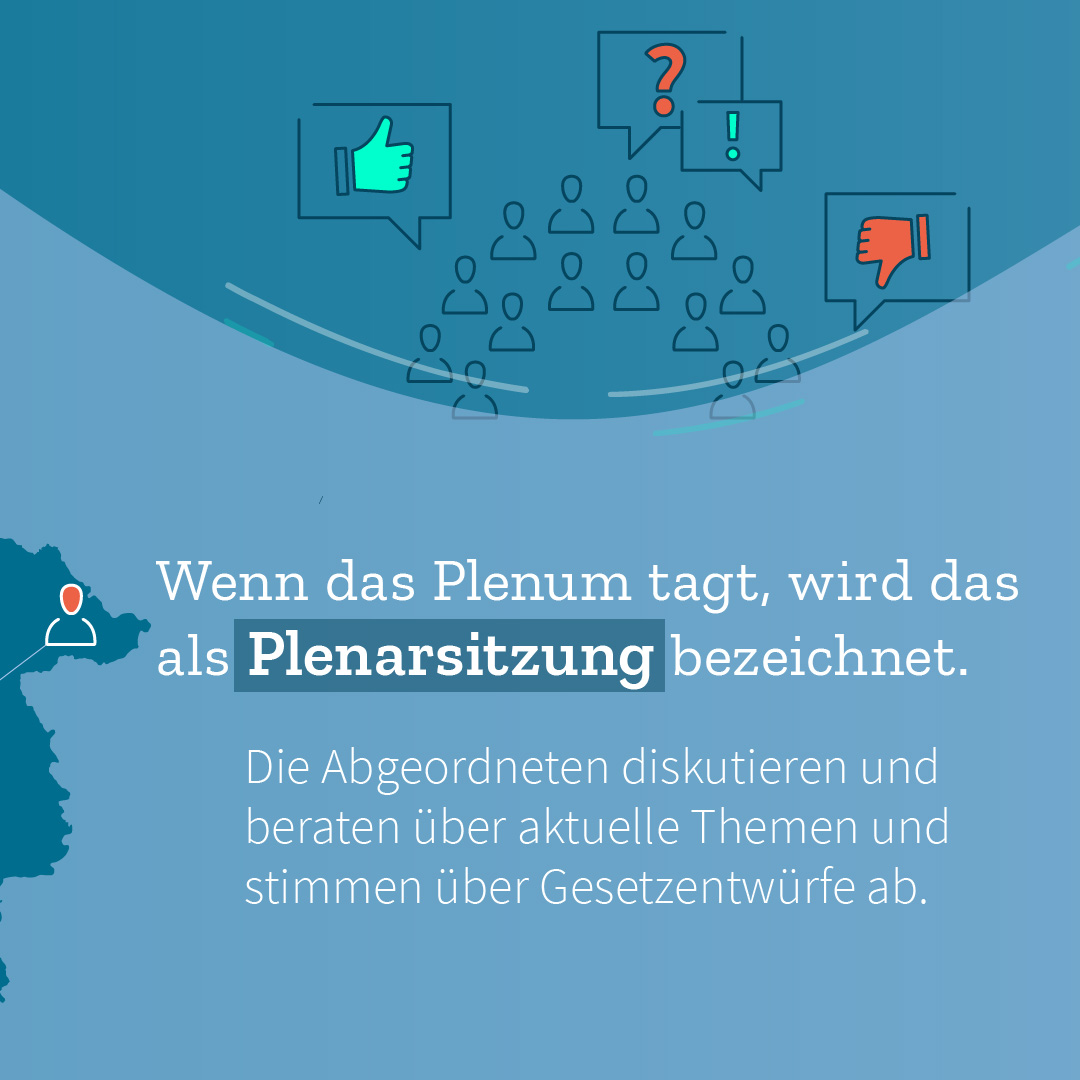 Infografik Teil 3 von 4: Wenn das Plenum tagt, wird das als Plenarsitzung bezeichnet. Die Abgeordneten diskutieren und beraten über aktuelle Themen und stimmen über Gesetzentwürfe ab.