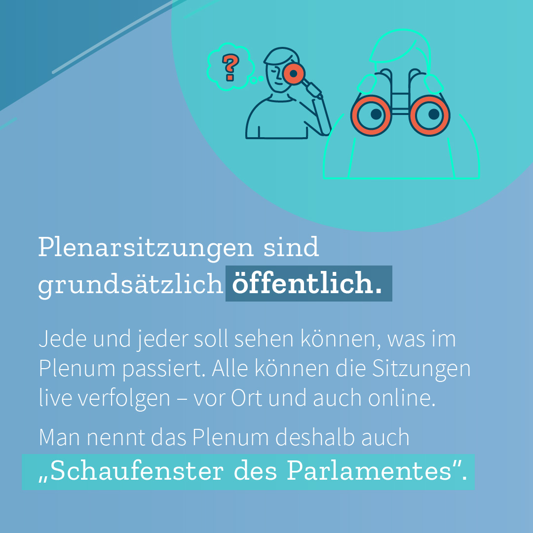 Infografik Teil 4 von 4: Plenarsitzungen sind grundsätzlich öffentlich. Jede und jeder soll sehen können, was im Plenum passiert. Alle können die Sitzungen live verfolgen – vor ort und auch online. Man nennt das Plenum deshalb auch „Schaufenster des Parlamentes“.